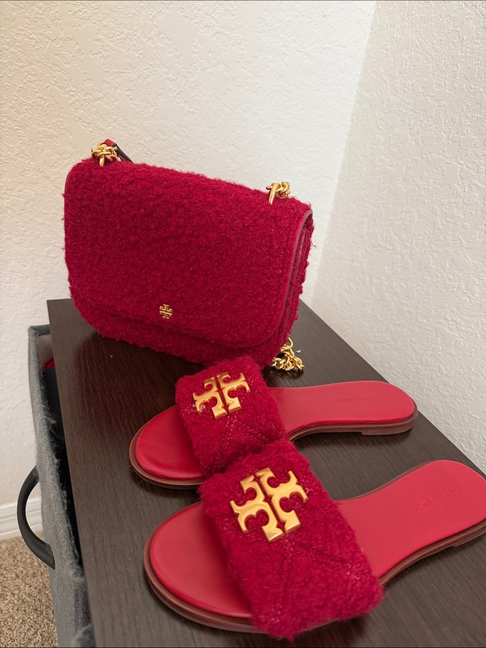 Tory Burch Red Shearling Chain Crossbody with Matching Slide Sandals